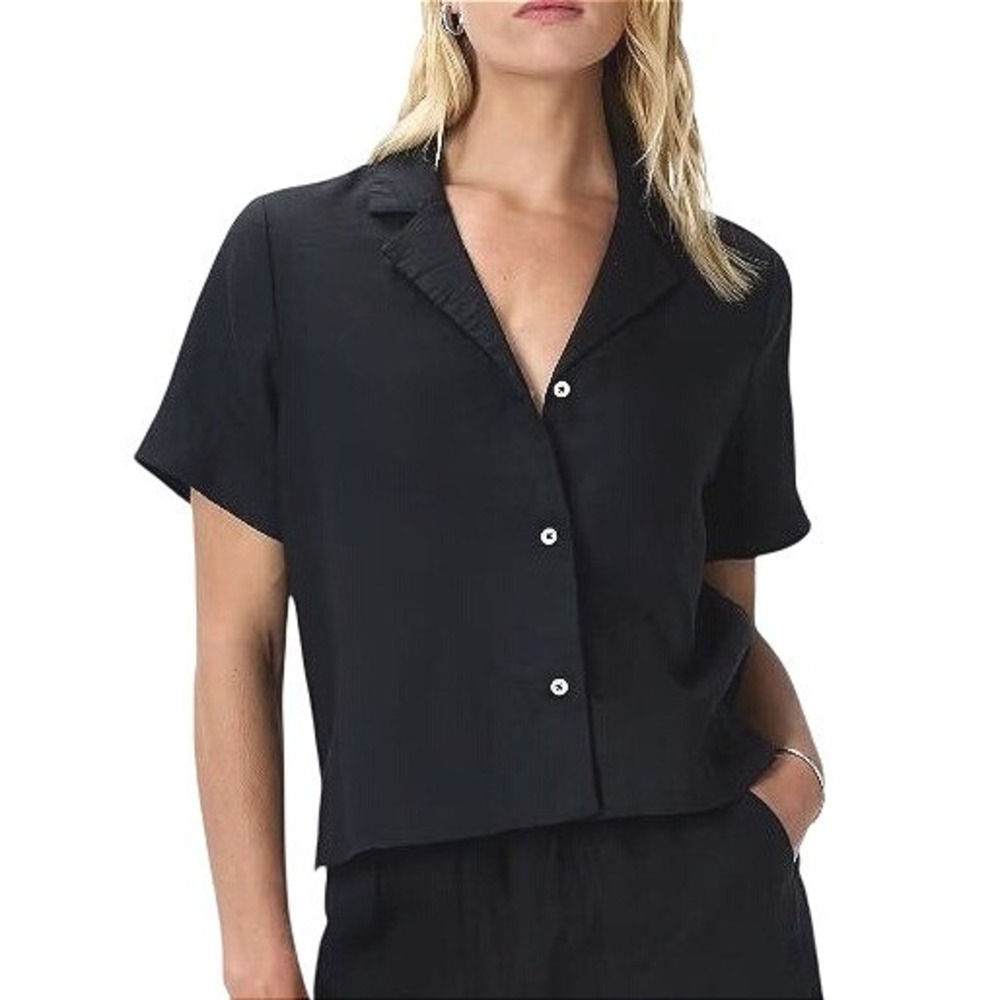 Quince Black Cropped Oversize Boxy Resort Premium Flax Linen Button-up Blouse XL